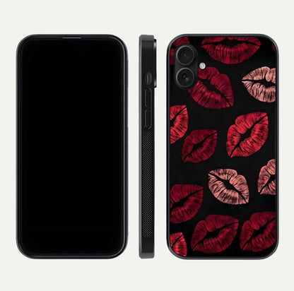 Midnight Kiss Love Glass Case for iPhone 16 Plus front & back view layout showing romantic theme and smooth curves