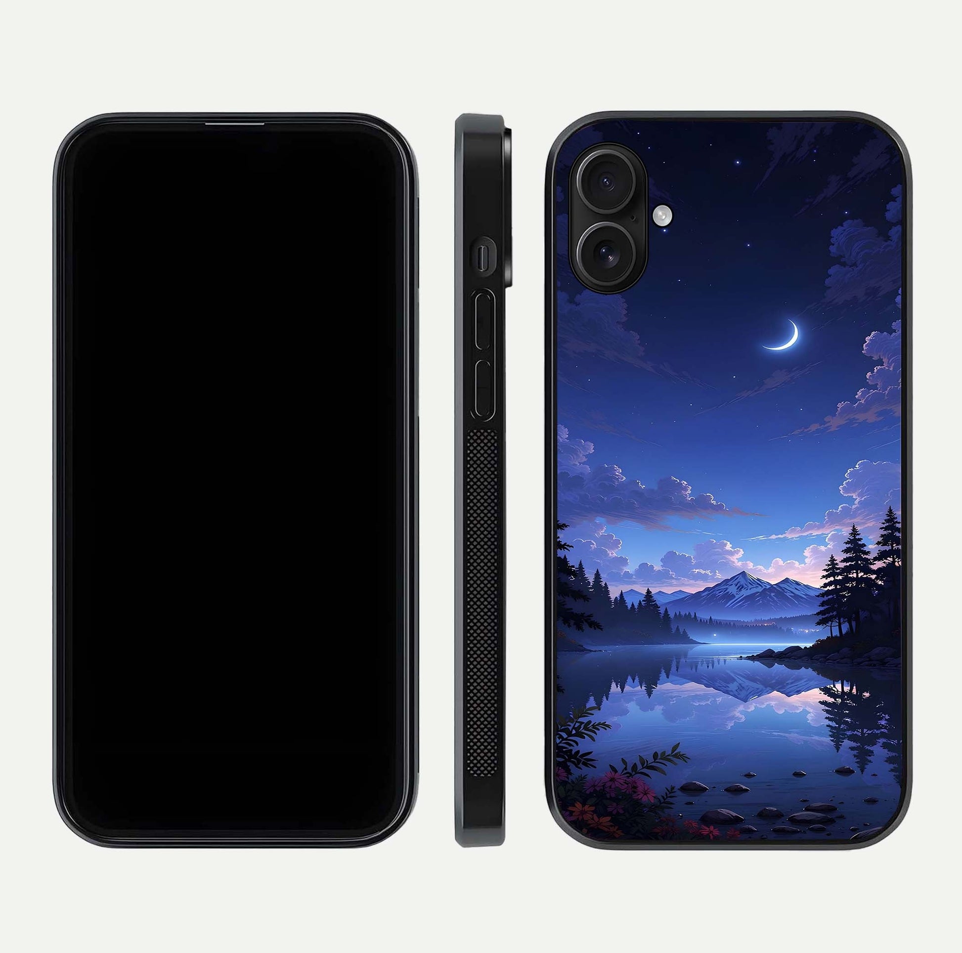 Midnight Lake Peace Glass Case for iPhone 16 Plus front & back layout highlighting calm design and curved edges