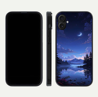 Midnight Lake Peace Glass Case for iPhone 16 Plus front & back layout highlighting calm design and curved edges