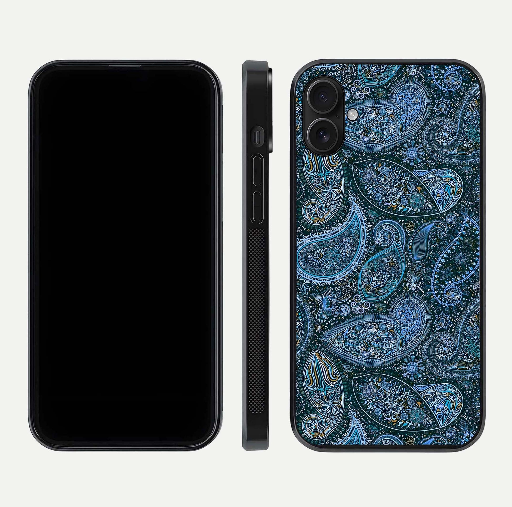 Midnight Paisley Glow Glass Case for iPhone 16 Plus front & back layout highlighting elegant edge finish