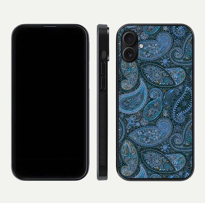 Midnight Paisley Glow Glass Case for iPhone 16 Plus front & back layout highlighting elegant edge finish