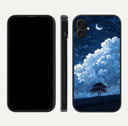 Midnight Sky Serenity Glass Case for iPhone 16 Plus front & back layout highlighting celestial art and curves