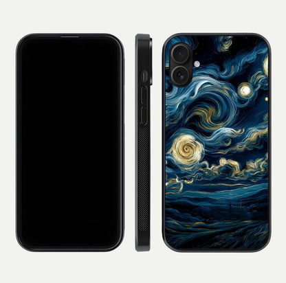 Midnight Sky Whirl Glass Case for iPhone 16 Plus front & back layout highlighting celestial movement art