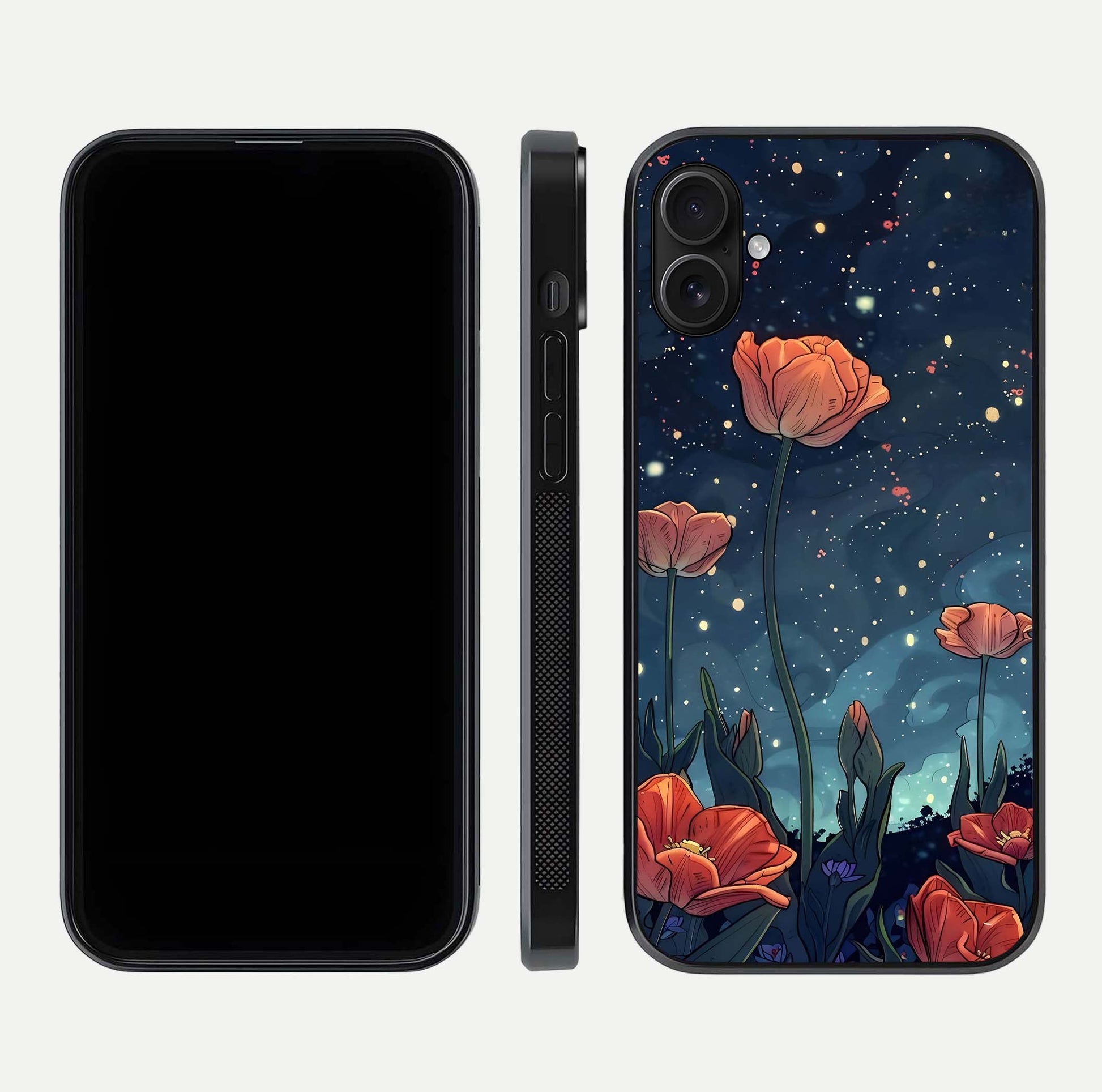 Midnight Tulip Glow Glass Case for iPhone 16 Plus front & back layout highlighting floral glow and curved edges