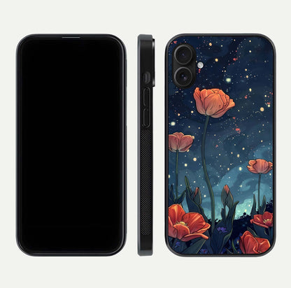 Midnight Tulip Glow Glass Case for iPhone 16 Plus front & back layout highlighting floral glow and curved edges