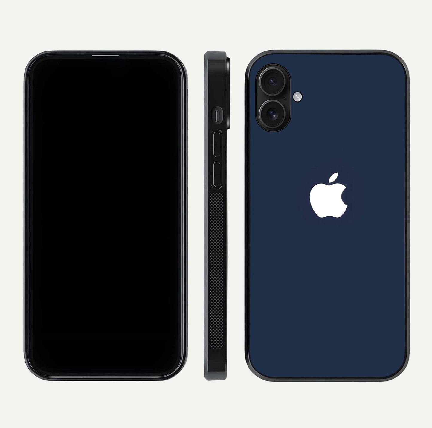Minimal Apple Night Glass Case for iPhone 16 Plus front & back layout highlighting simplicity and edge curve