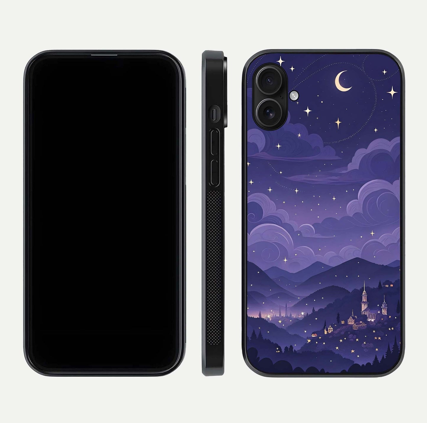 Minimal Night View Glass Case for iPhone 16 Plus front & back layout highlighting minimal night vibe and curves