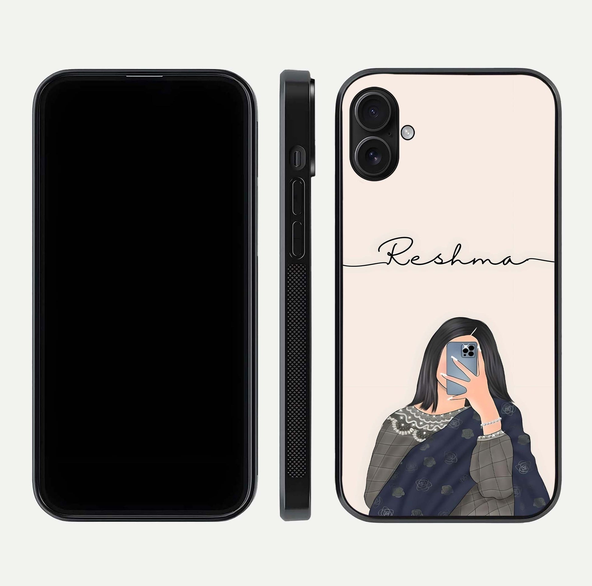 Mirror Mood Muse Custom Name Glass Case for iPhone 16 Plus front & back layout showing personalized name placement