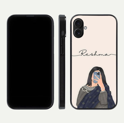 Mirror Mood Muse Custom Name Glass Case for iPhone 16 Plus front & back layout showing personalized name placement