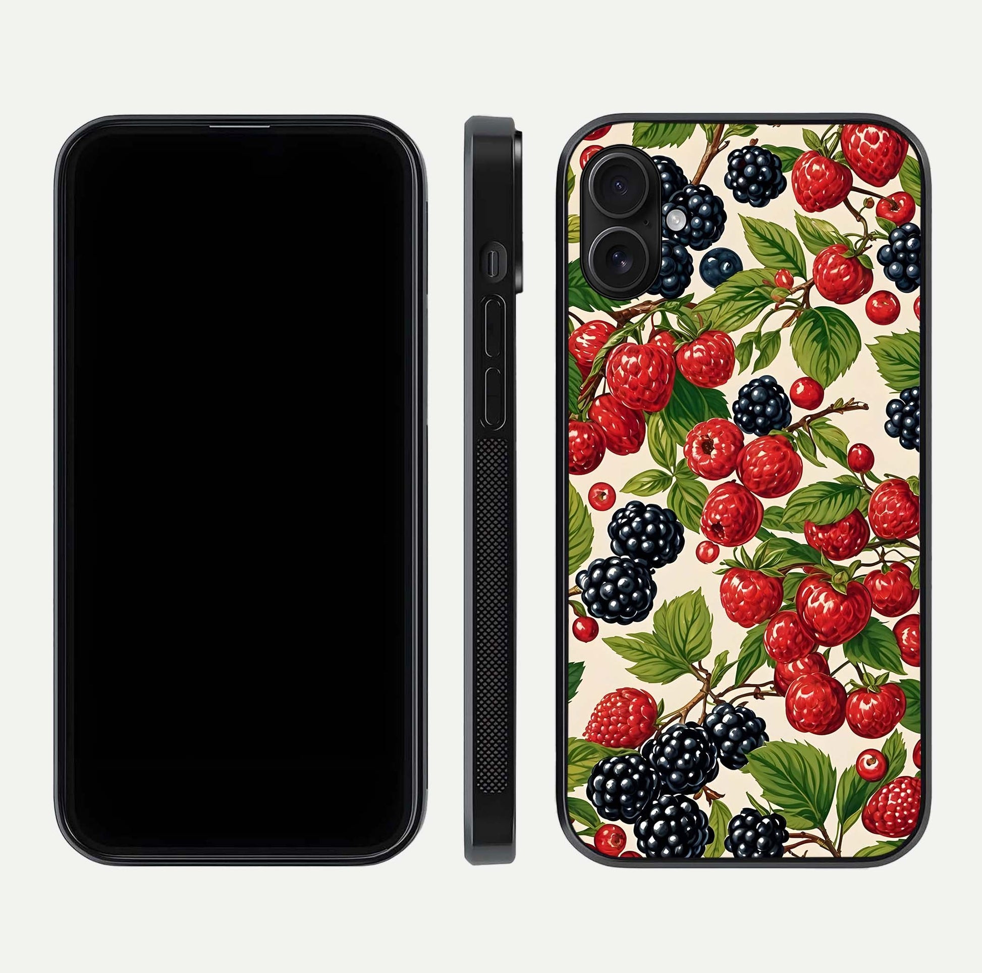 Mixed Berry Collage Glass Case for iPhone 16 Plus front & back layout highlighting colorful art and curved edges