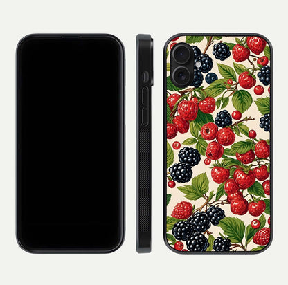 Mixed Berry Collage Glass Case for iPhone 16 Plus front & back layout highlighting colorful art and curved edges