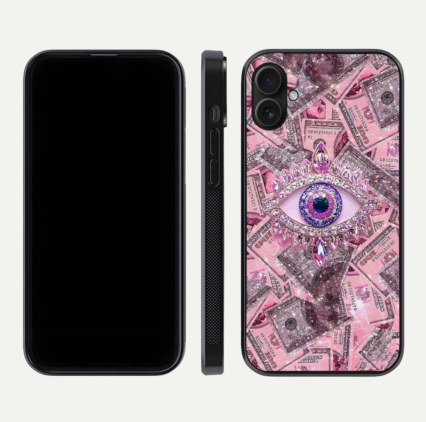 Money Eye Luxe Glass Case for iPhone 16 Plus front & back layout highlighting luxury edge design and bold art