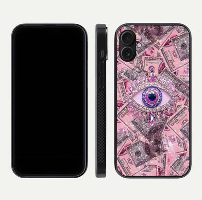 Money Eye Luxe Glass Case for iPhone 16 Plus front & back layout highlighting luxury edge design and bold art