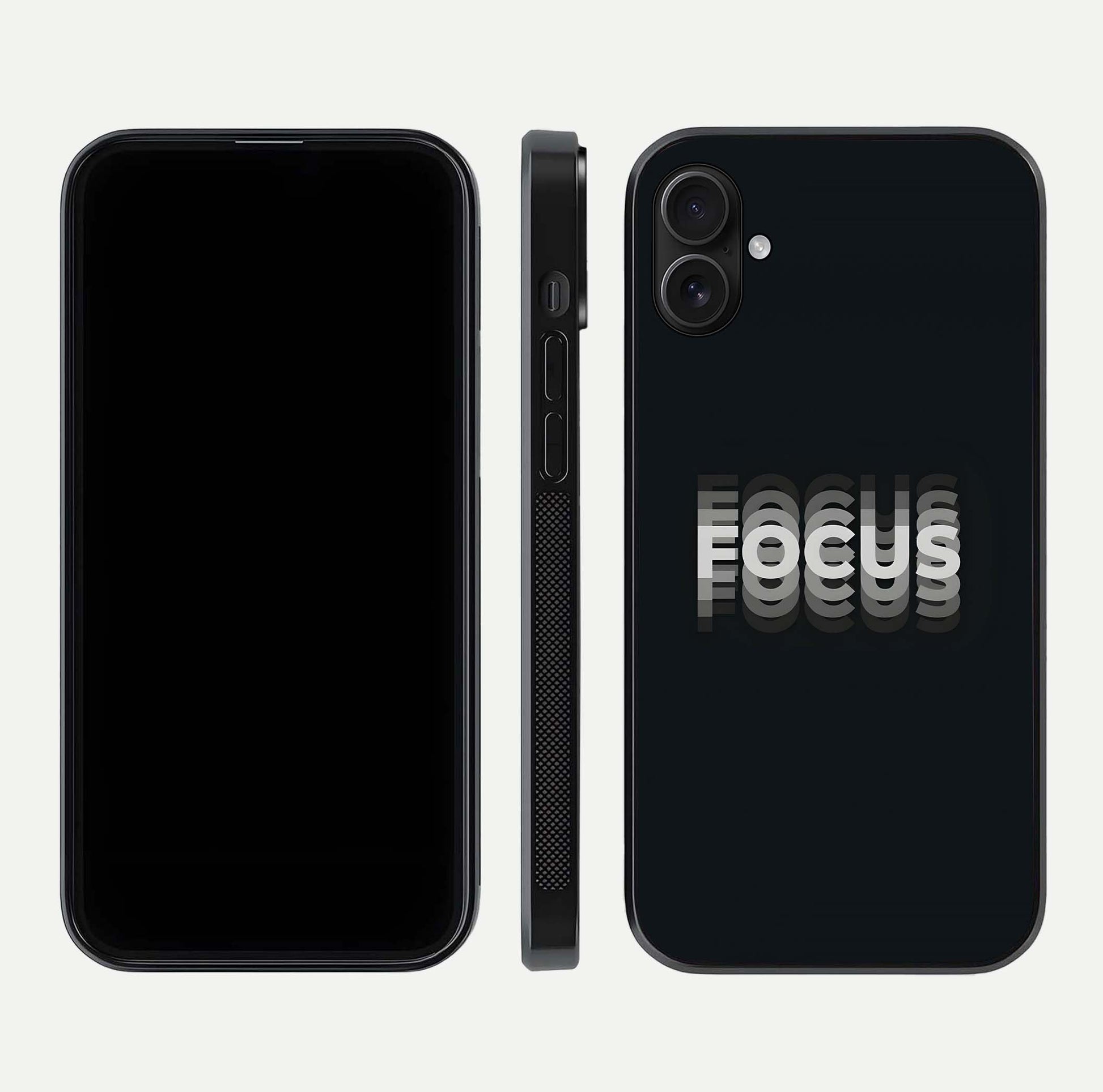 Mono Focus Vision Glass Case for iPhone 16 Plus front & back layout showing clean focus lines and curved edges