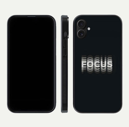 Mono Focus Vision Glass Case for iPhone 16 Plus front & back layout showing clean focus lines and curved edges