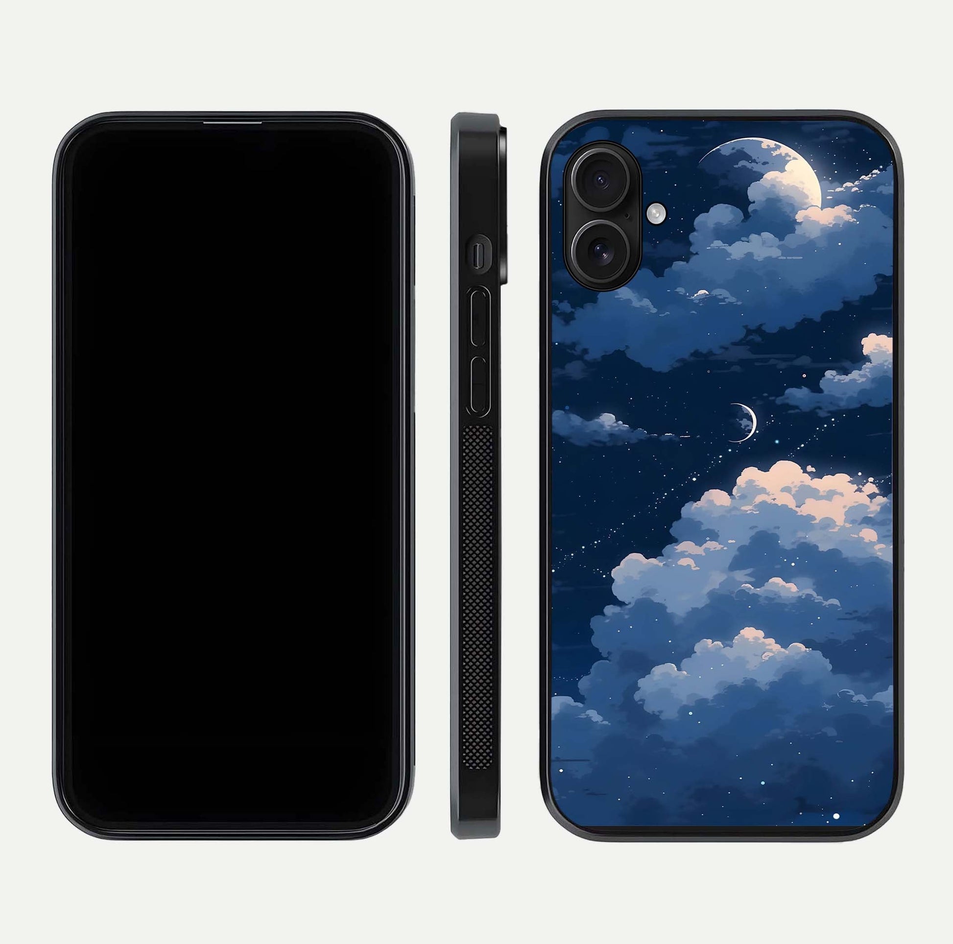 Moon Dream Haze Glass Case for iPhone 16 Plus front & back layout highlighting dreamy design and curved shape