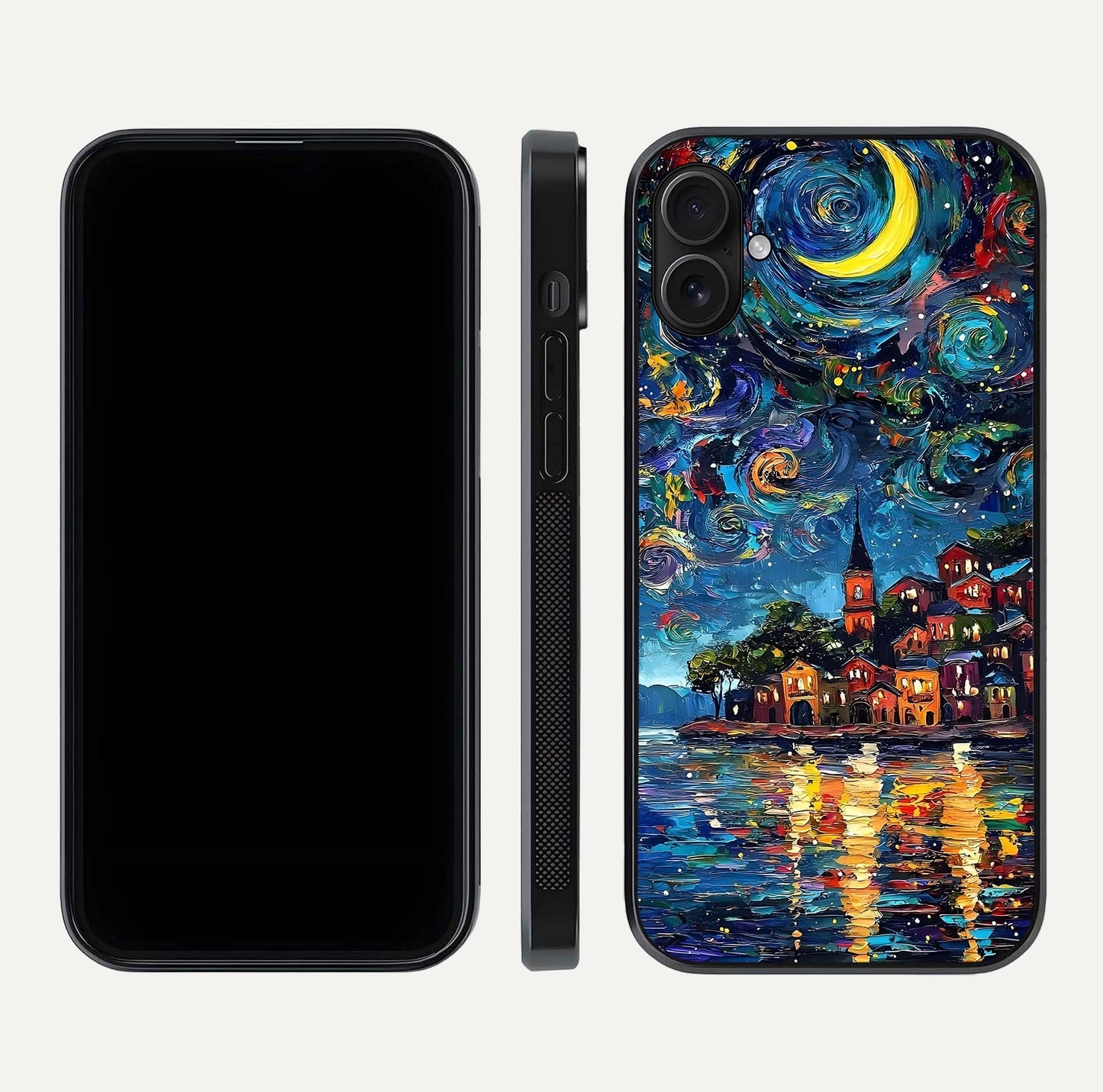 Moonlight Harbor Glow Glass Case for iPhone 16 Plus front & back layout highlighting calm harbor tones