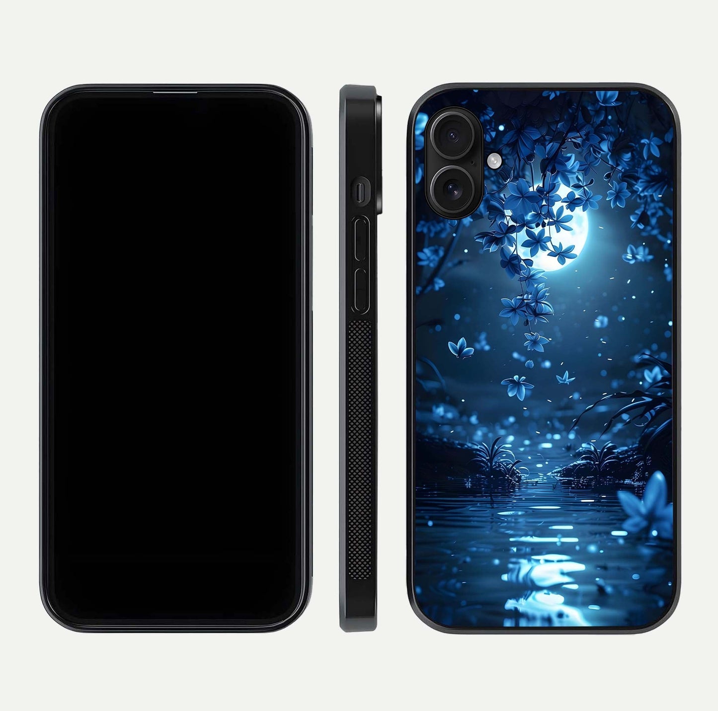 Moonlight Petal Dream Glass Case for iPhone 16 Plus front & back layout highlighting soft pastel tones