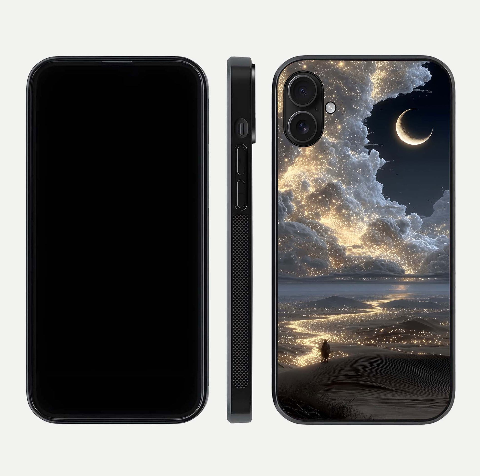 Moonlight Spark Path Glass Case for iPhone 16 Plus front & back layout highlighting calm tones and sleek edges