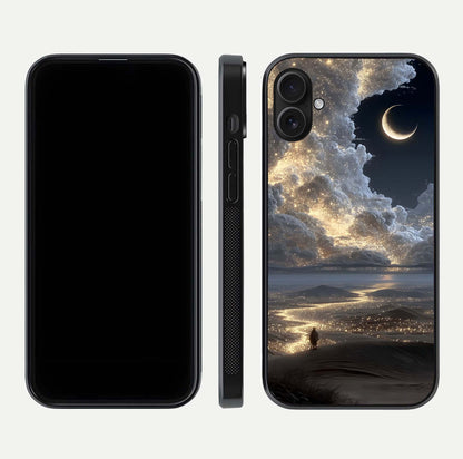 Moonlight Spark Path Glass Case for iPhone 16 Plus front & back layout highlighting calm tones and sleek edges