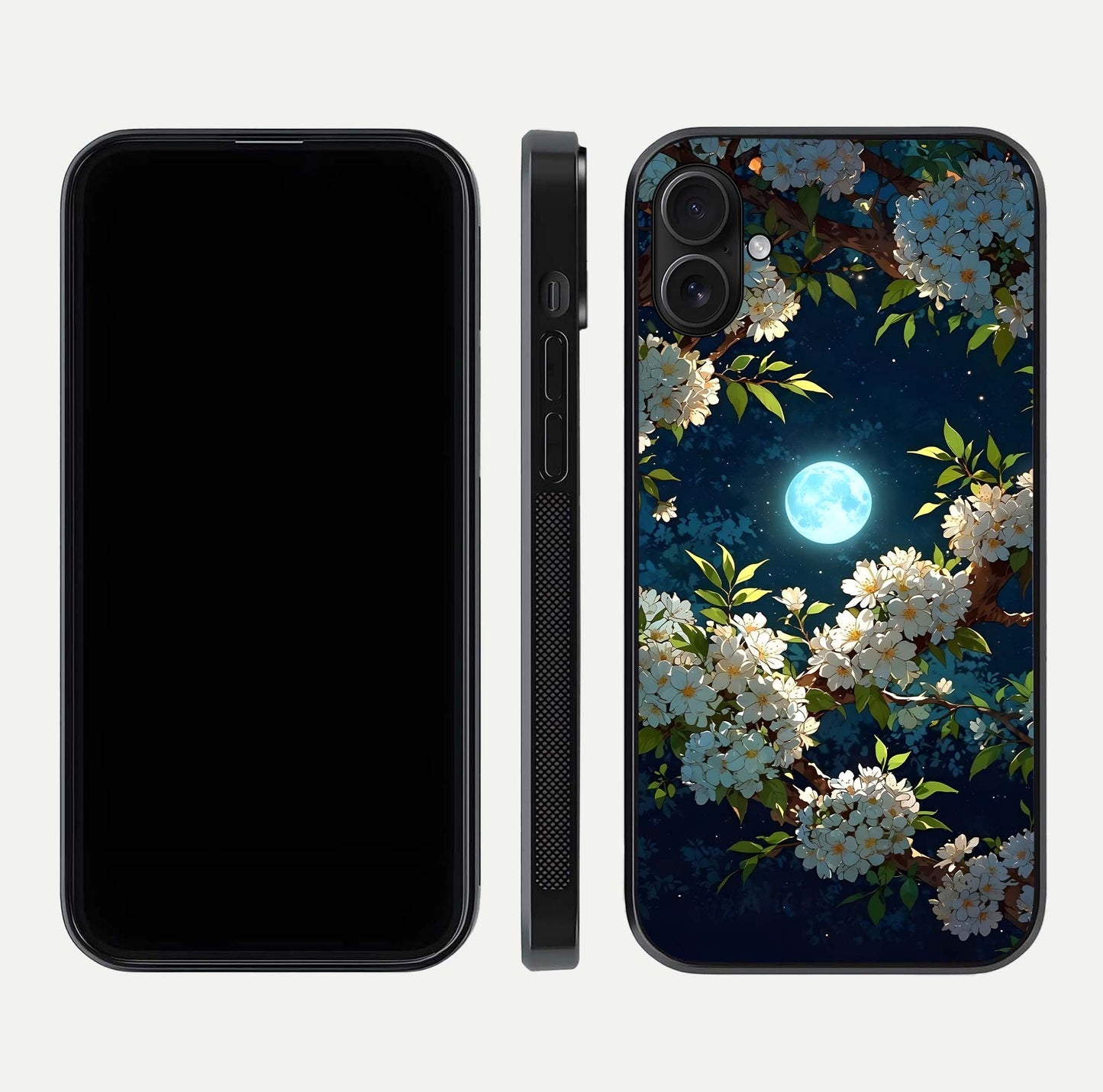Moonlit Blossom Dream Glass Case for iPhone 16 Plus front & back layout highlighting moonlit tones and edges