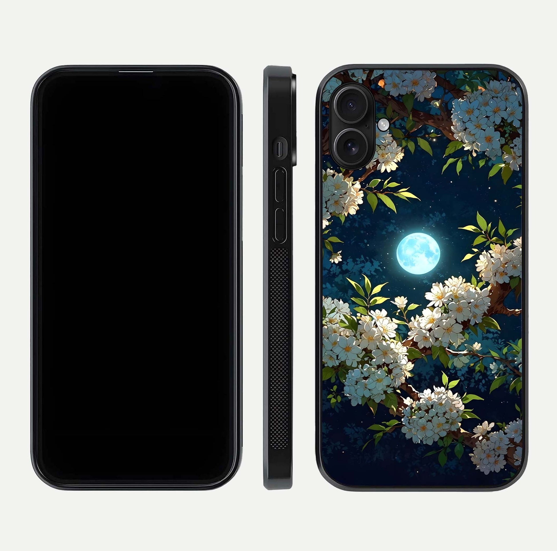 Moonlit Blossom Dream Glass Case for iPhone 16 Plus front & back layout highlighting moonlit tones and edges