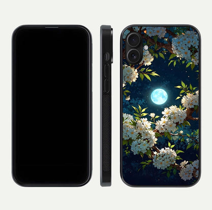 Moonlit Blossom Dream Glass Case for iPhone 16 Plus front & back layout highlighting moonlit tones and edges
