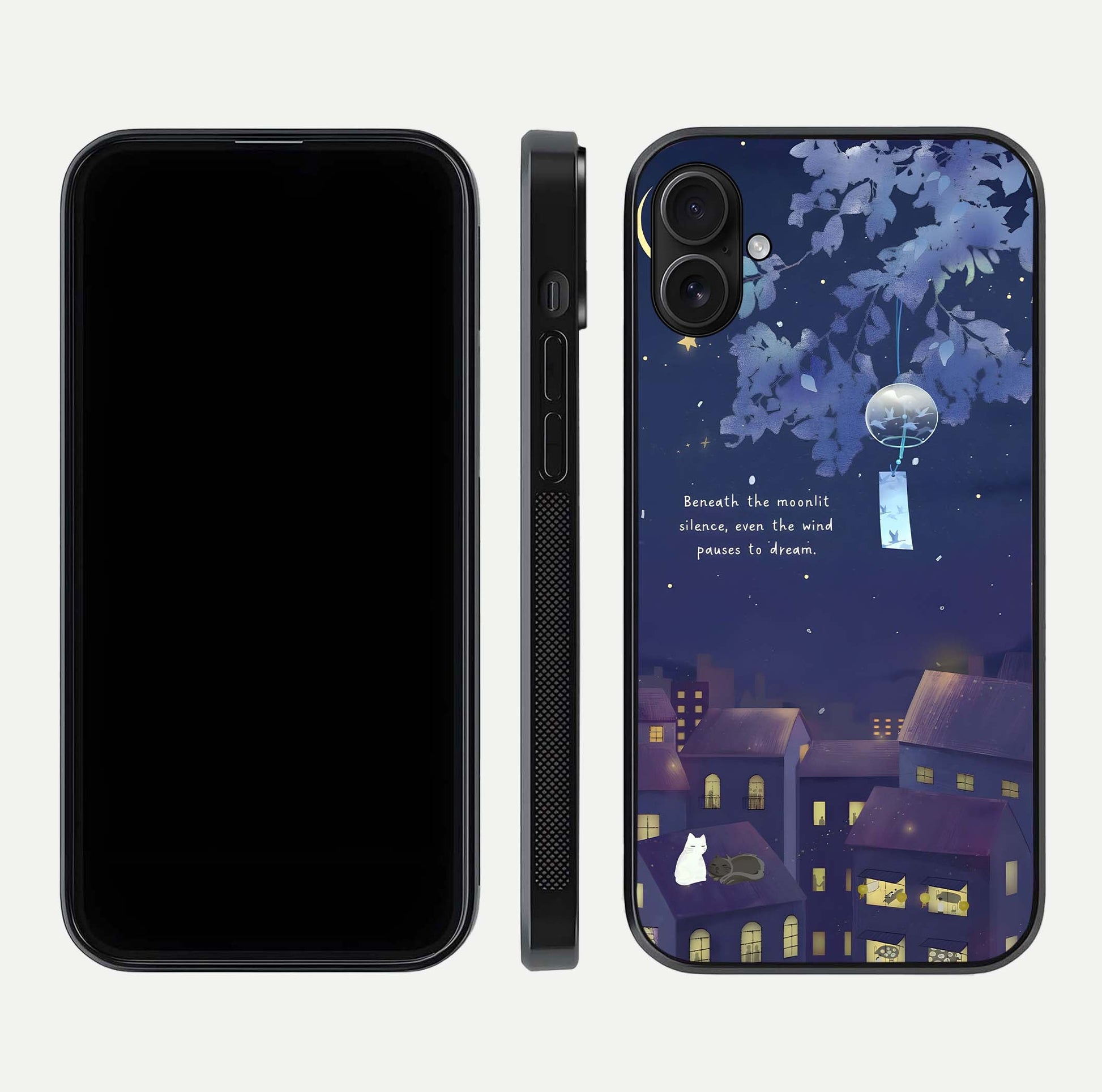 Moonlit Cat Silence Glass Case for iPhone 16 Plus front & back layout highlighting calm tones and edge detail