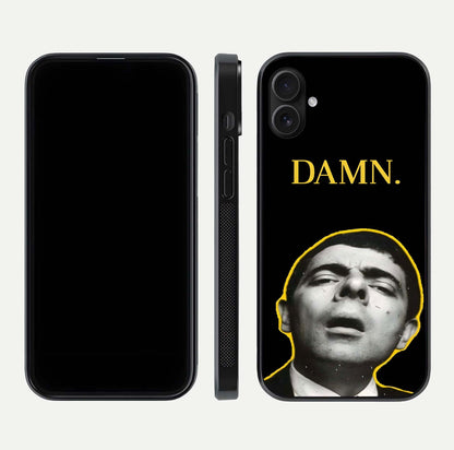 Mr Bean Damn Glass Case for iPhone 16 Plus front & back layout displaying fun artwork and curved smooth edges