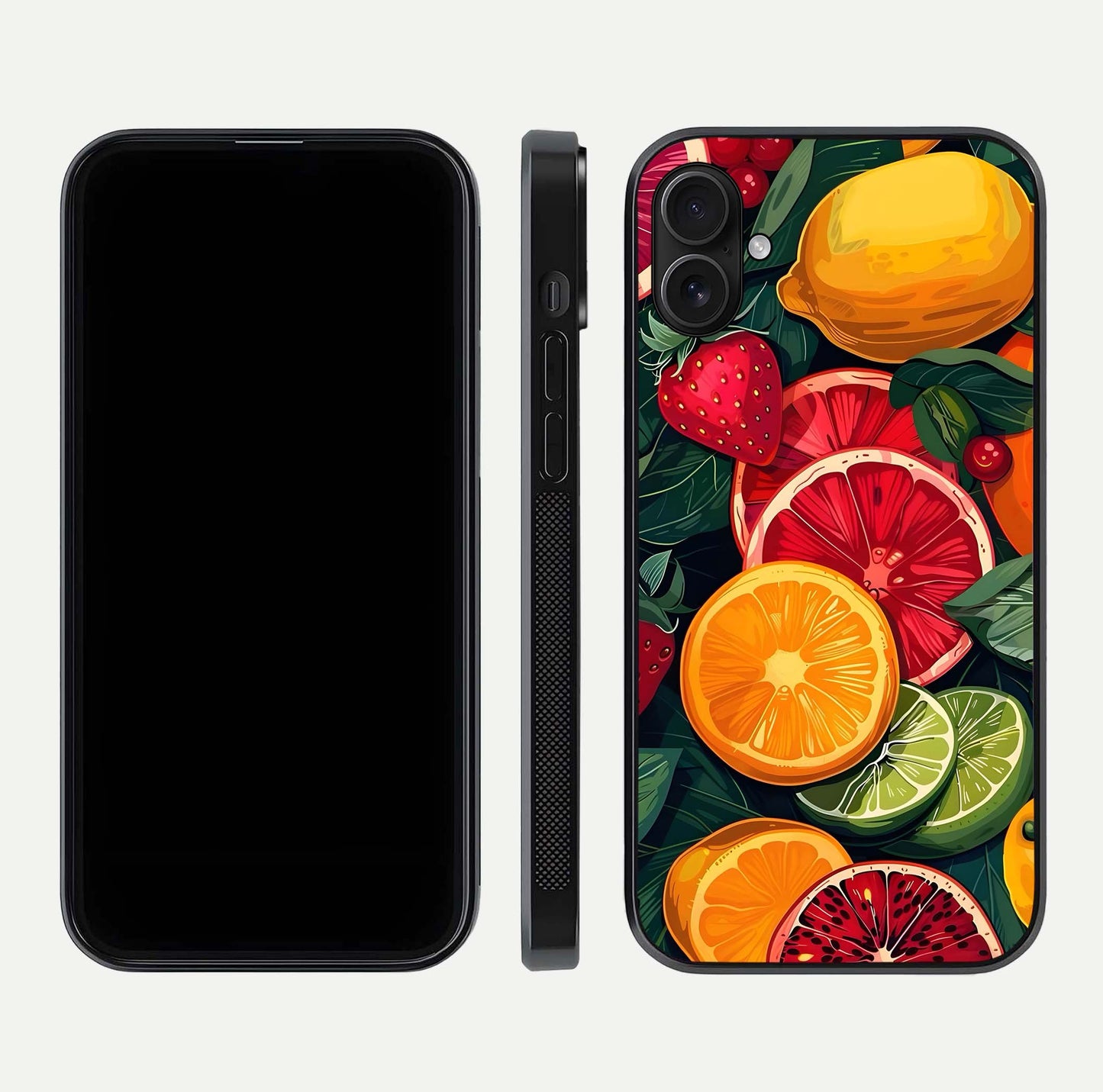 Multiple Fruits Glass Case for iPhone 16 Plus front & back layout highlighting vibrant tones and curved edges