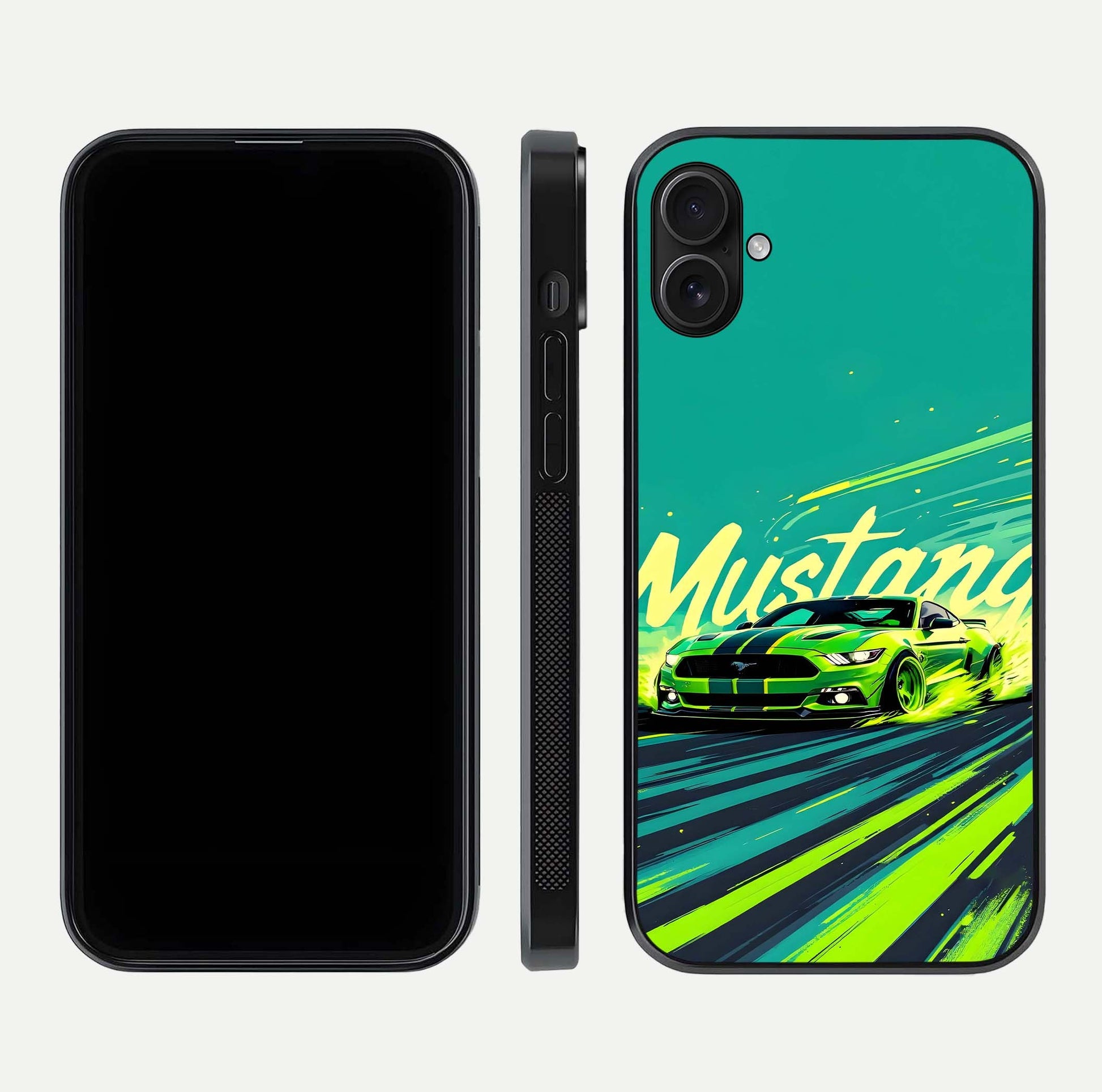 Mustang Bang Glass Case for iPhone 16 Plus front & back layout highlighting dark automotive tones and edge detail