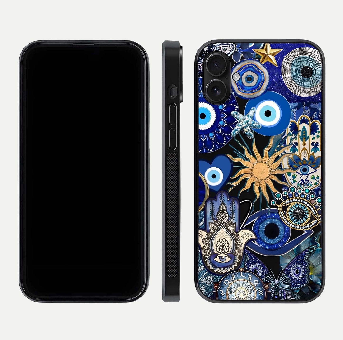 Mystic Blue Evil Eye Glass Case for iPhone 16 Plus front & back layout showing elegant tones and edge finish