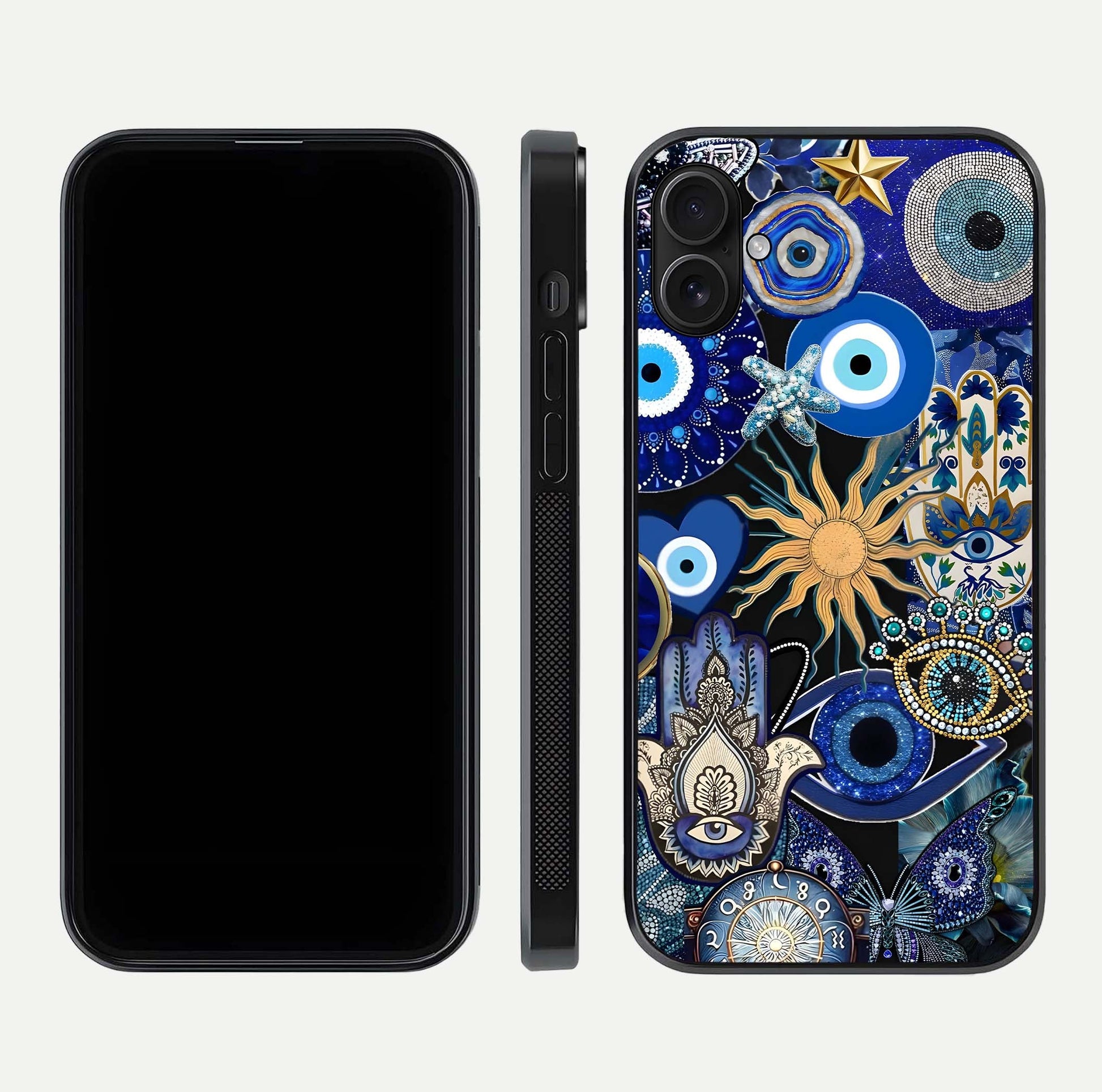 Mystic Blue Evil Eye Glass Case for iPhone 16 Plus front & back layout showing elegant tones and edge finish