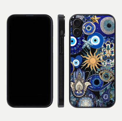 Mystic Blue Evil Eye Glass Case for iPhone 16 Plus front & back layout showing elegant tones and edge finish