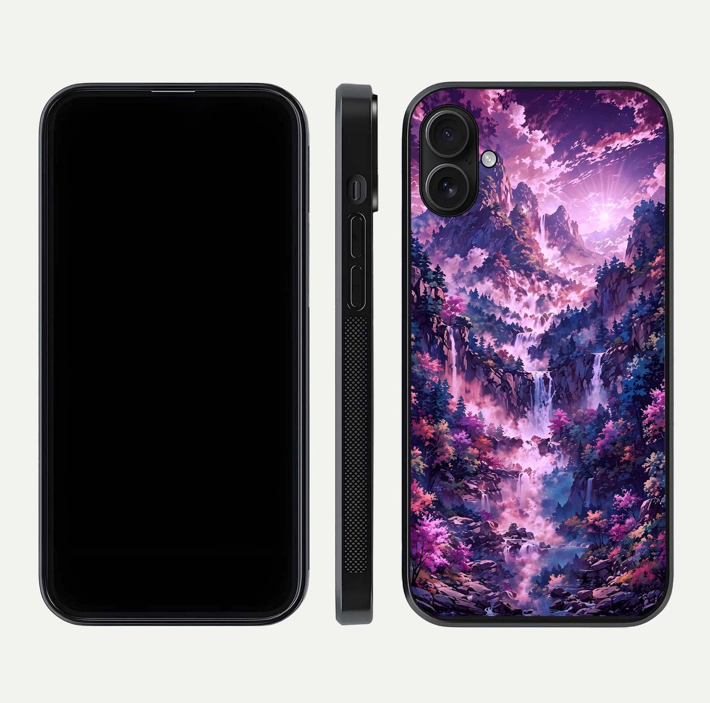 Mystic Cascade Peaks Glass Case for iPhone 16 Plus front & back layout highlighting HD landscape tones
