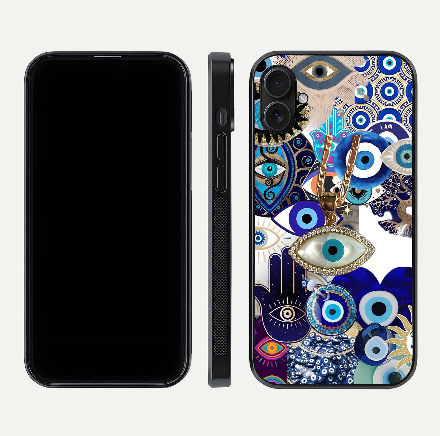 Mystic Charm Eye Glass Case for iPhone 16 Plus front & back layout highlighting spiritual design and edges