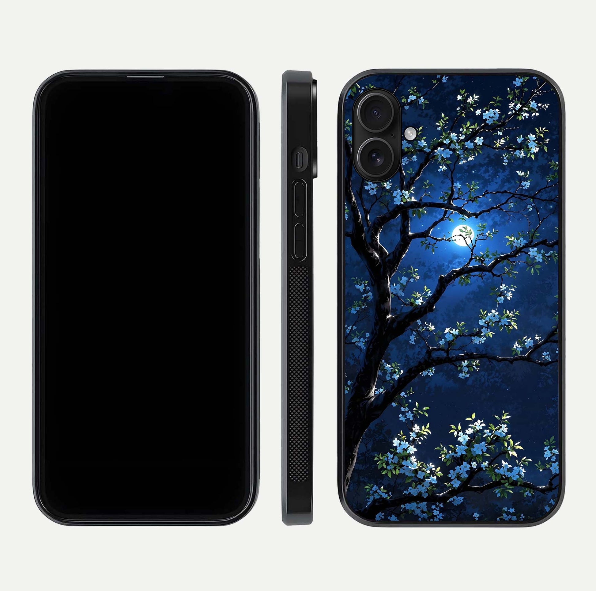 Mystic Floral Night Glass Case for iPhone 16 Plus front & back layout showing elegant floral art and smooth edges
