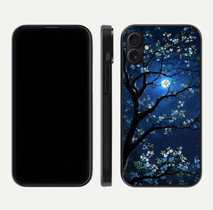 Mystic Floral Night Glass Case for iPhone 16 Plus front & back layout showing elegant floral art and smooth edges