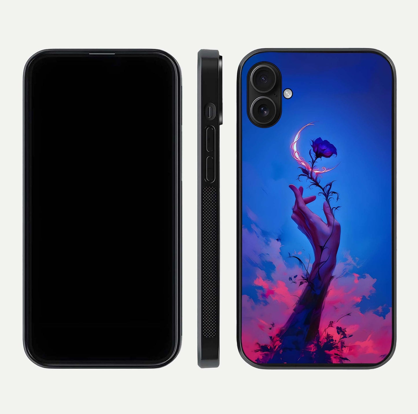Mystic Hand Glass Case for iPhone 16 Plus front & back layout highlighting mystic design and smooth edges