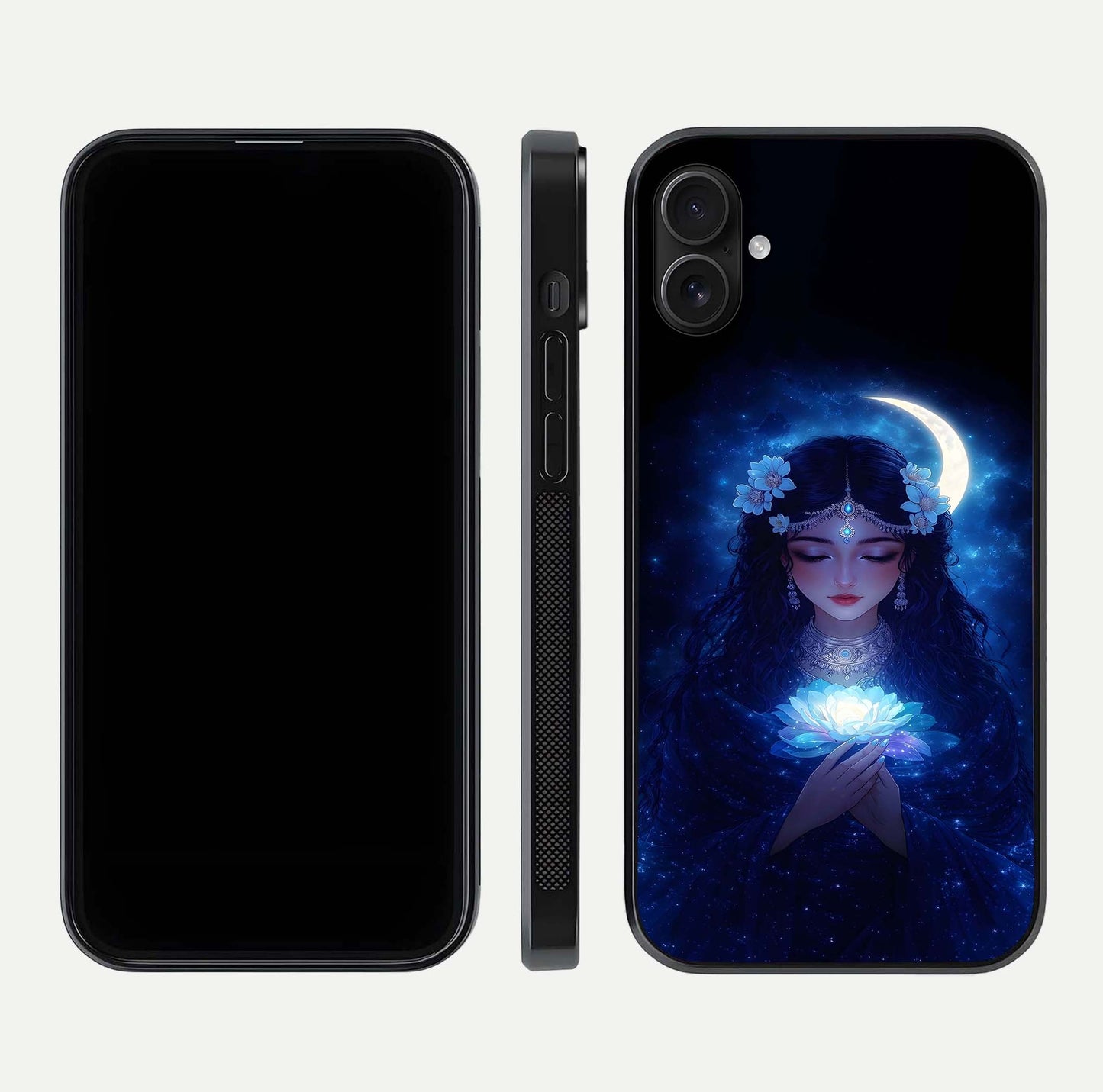 Mystic Moon Queen Glass Case for iPhone 16 Plus front & back layout highlighting divine illustration and edges