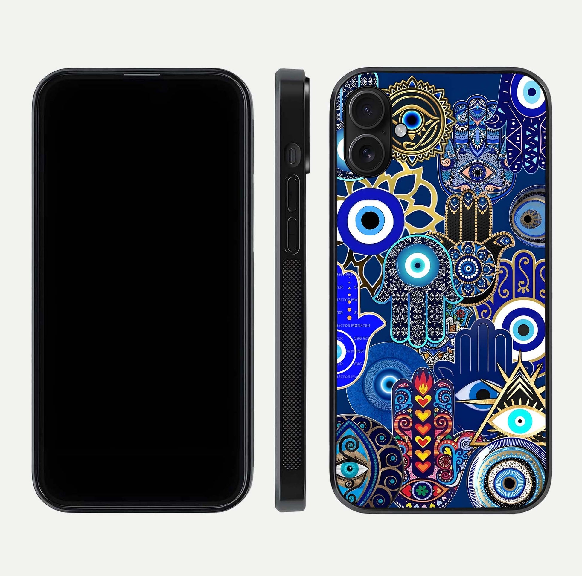 Mystic Palm Guard Glass Case for iPhone 16 Plus front & back layout highlighting spiritual art and edge finish