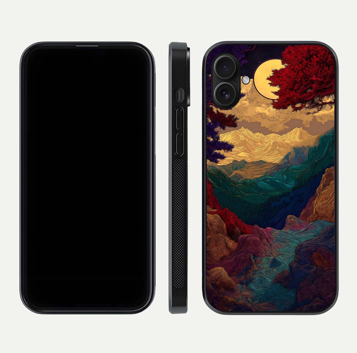 Mystic Valley Light Glass Case for iPhone 16 Plus front & back layout displaying landscape tones and edges