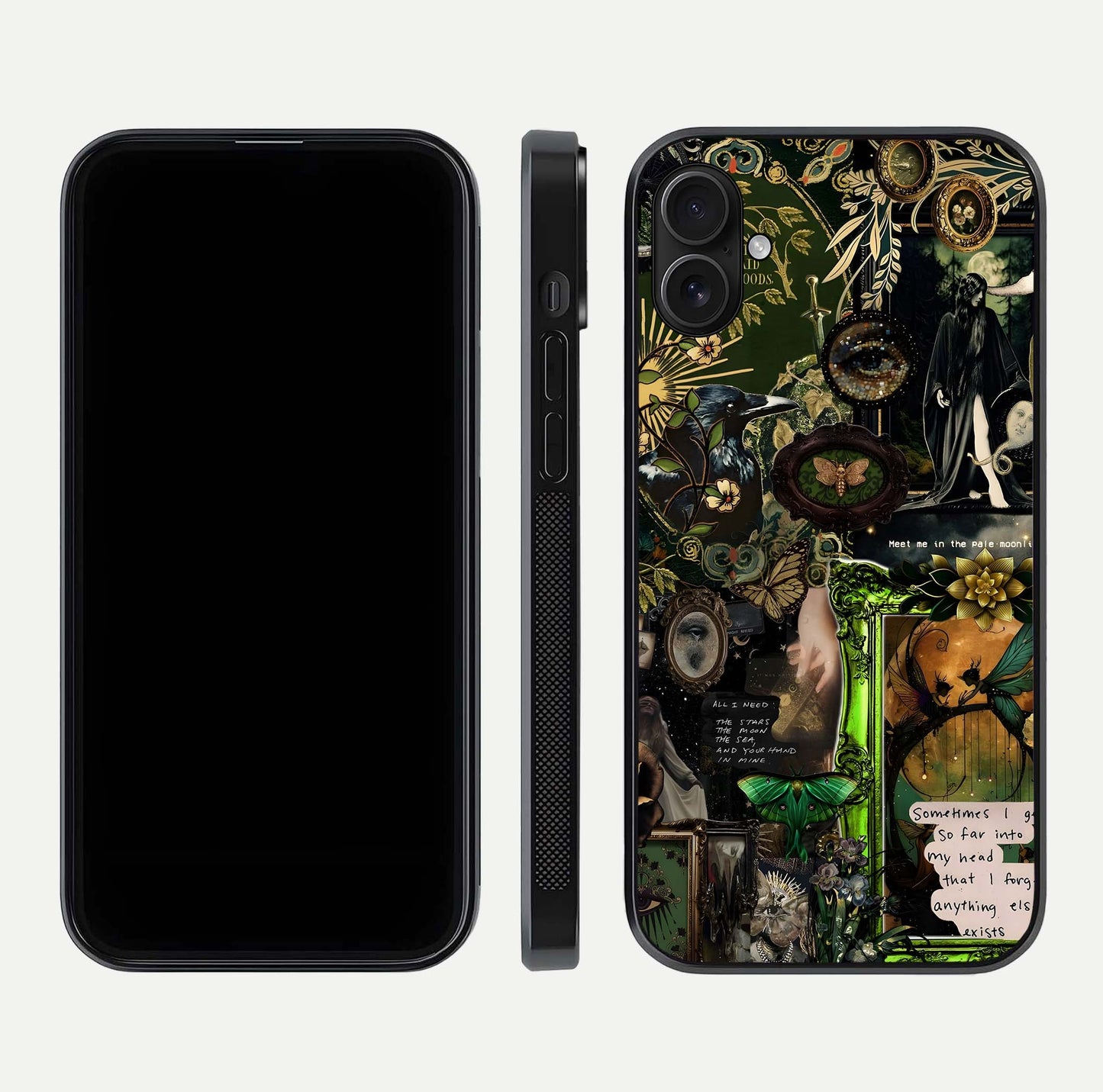Mystic Woods Secret Glass Case for iPhone 16 Plus front & back layout showing nature theme and smooth edges