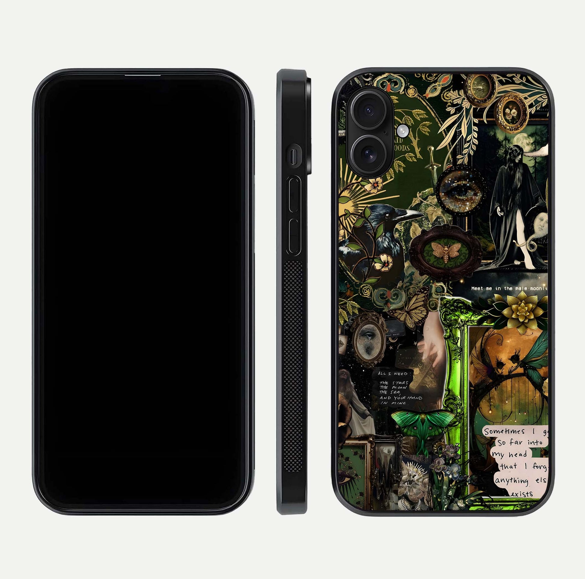 Mystic Woods Secret Glass Case for iPhone 16 Plus front & back layout showing nature theme and smooth edges