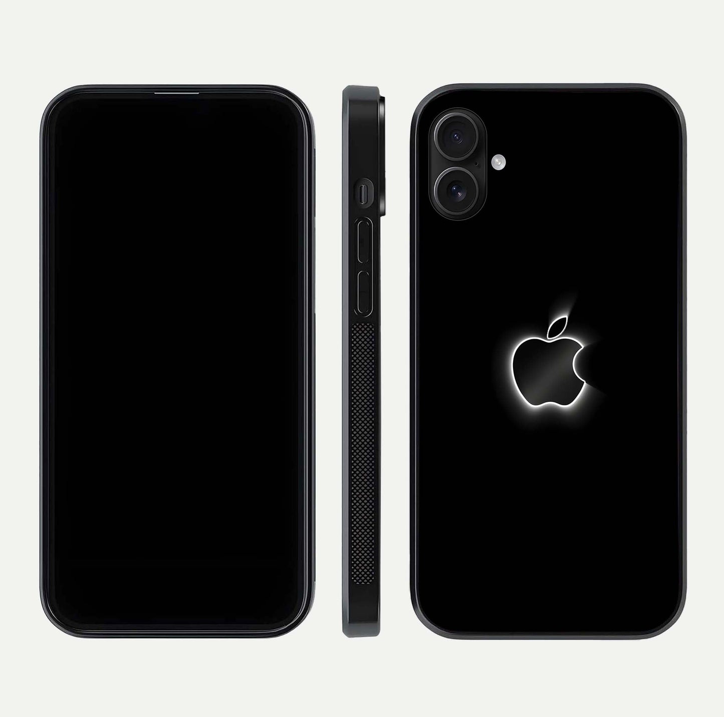 Neon Apple Glow Glass Case for iPhone 16 Plus front & back layout showing bright tones and edge curve