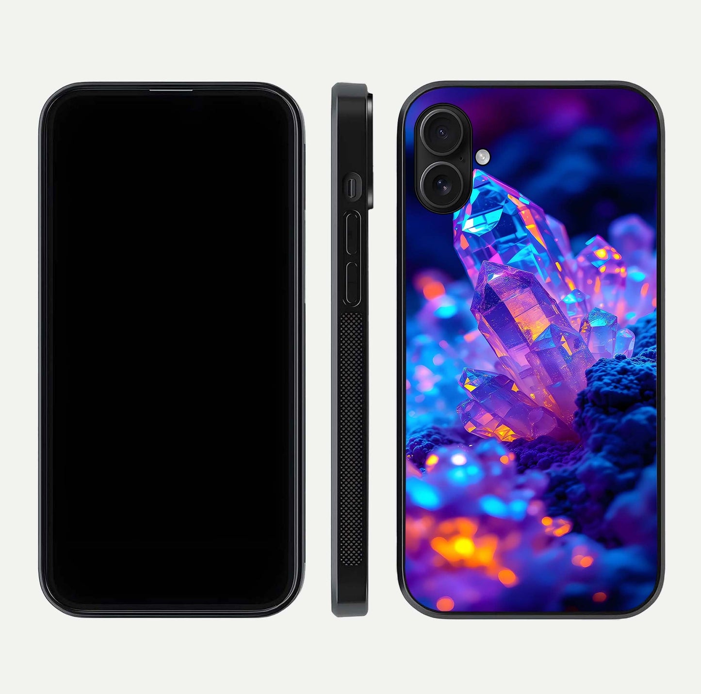 Neon Aura Shards Glass Case for iPhone 16 Plus front & back layout showing vivid tones and edge finish