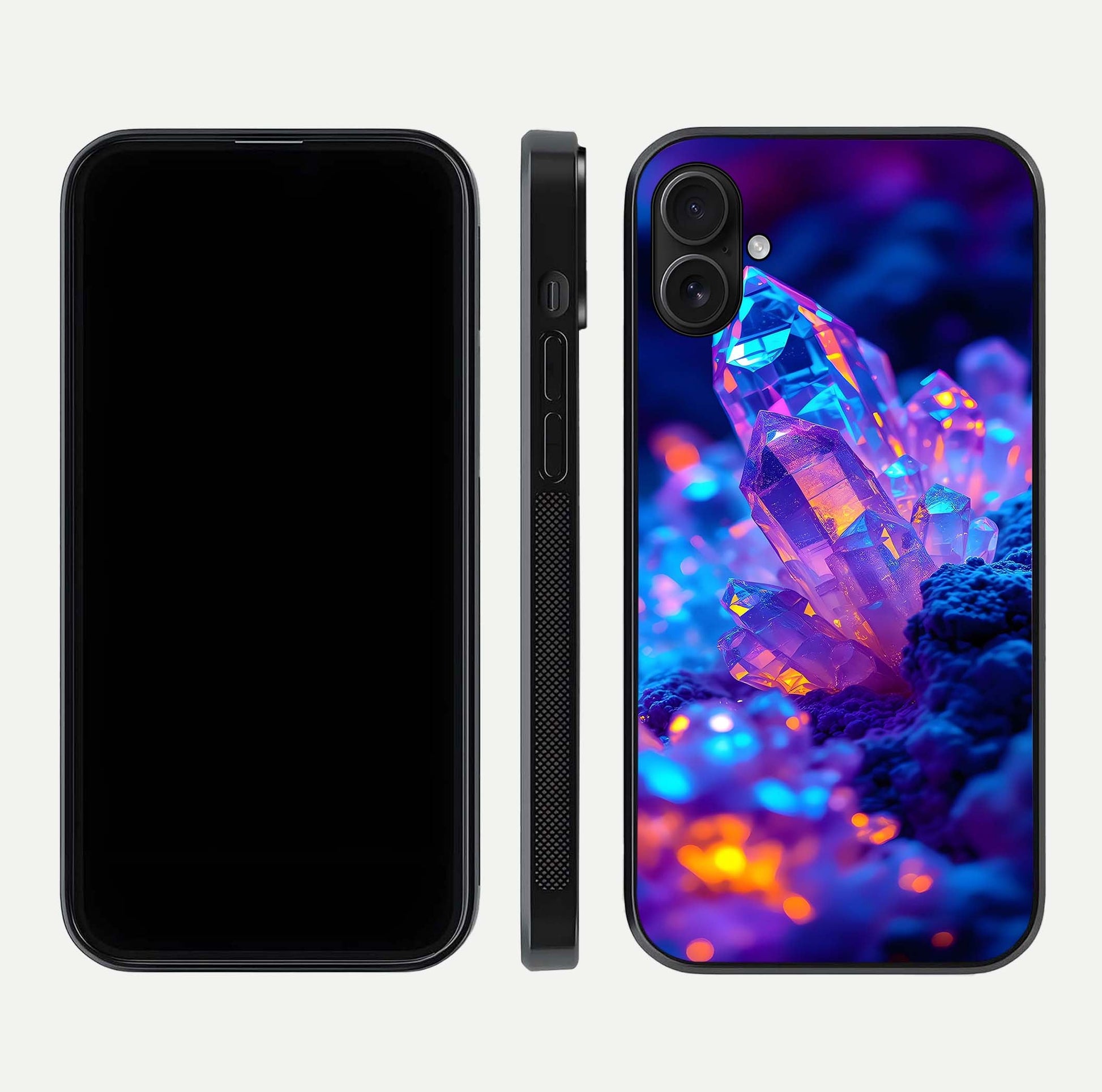 Neon Aura Shards Glass Case for iPhone 16 Plus front & back layout showing vivid tones and edge finish