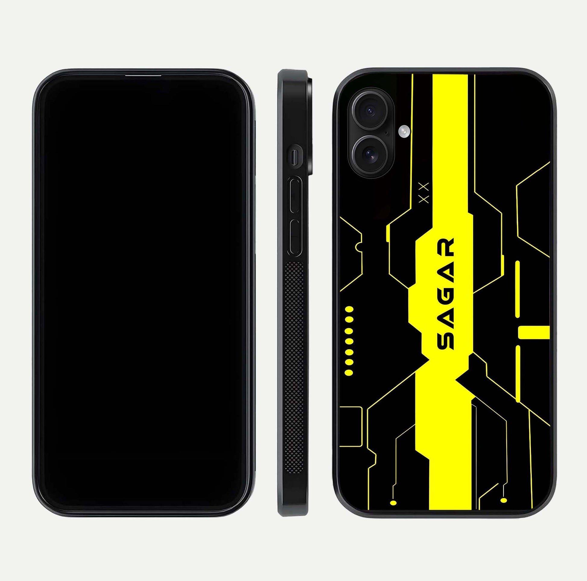 Neon CYBERPUNK Custom Name Glass Case for iPhone 16 Plus front & back layout showing tech art and custom edge