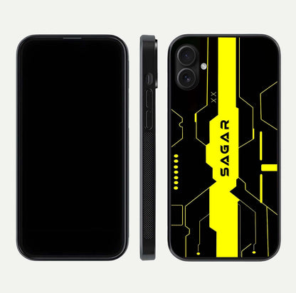 Neon CYBERPUNK Custom Name Glass Case for iPhone 16 Plus front & back layout showing tech art and custom edge