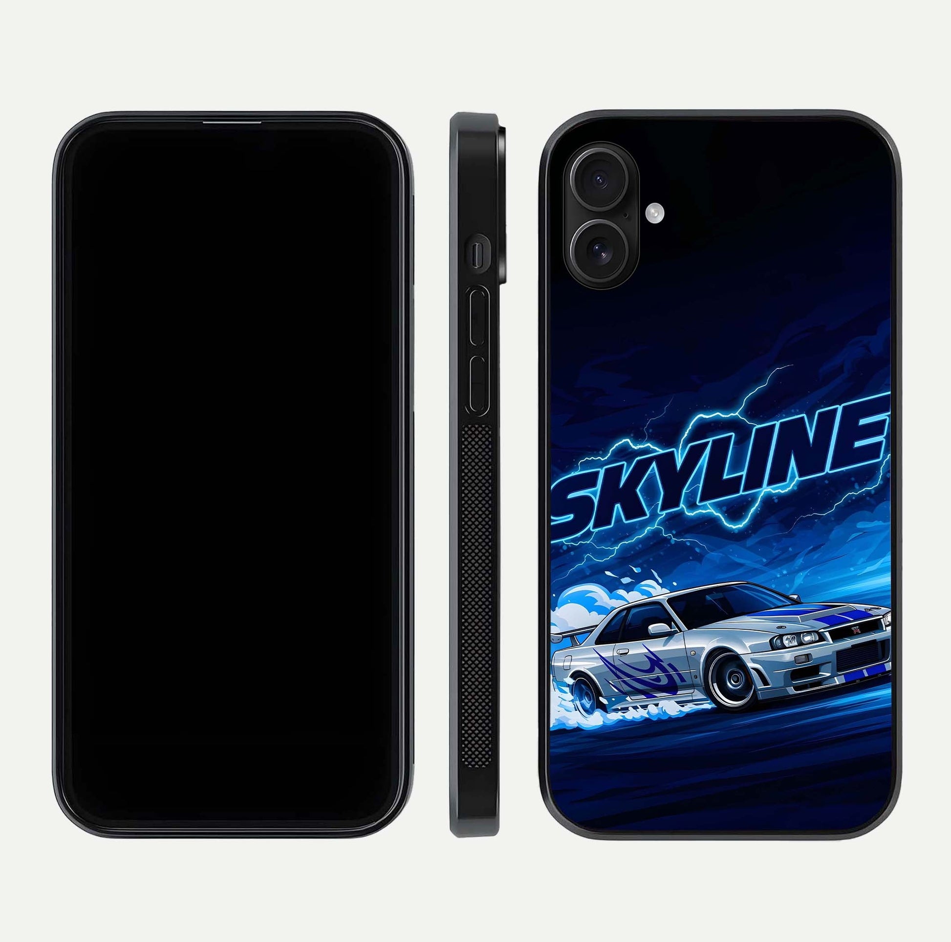 Neon Drift Beast Glass Case for iPhone 16 Plus front & back layout showing car silhouette and edge design